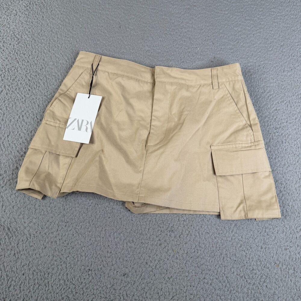 ZARA Cargo Mini Skirt Womens Small Tan Khaki Belt Loops Shorts Pockets Utility - Picture 4 of 8